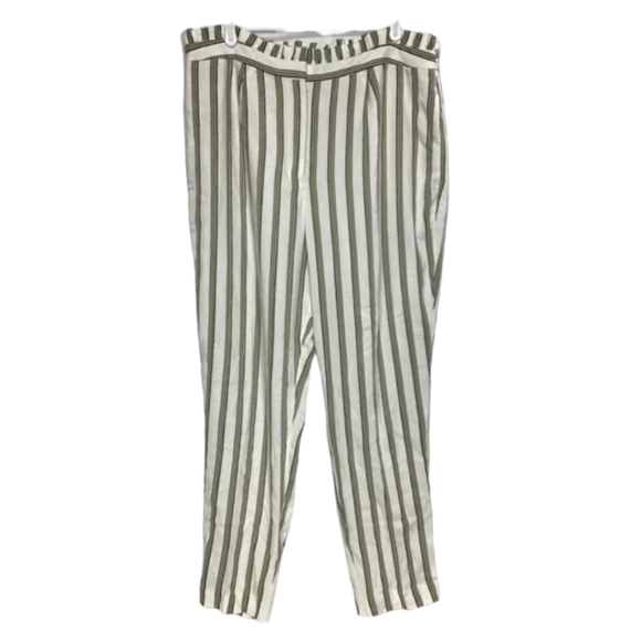 Express NWT Paperbag Waist Striped Ankle Pants High Rise Ivory Green 14R - Picture 1 of 13